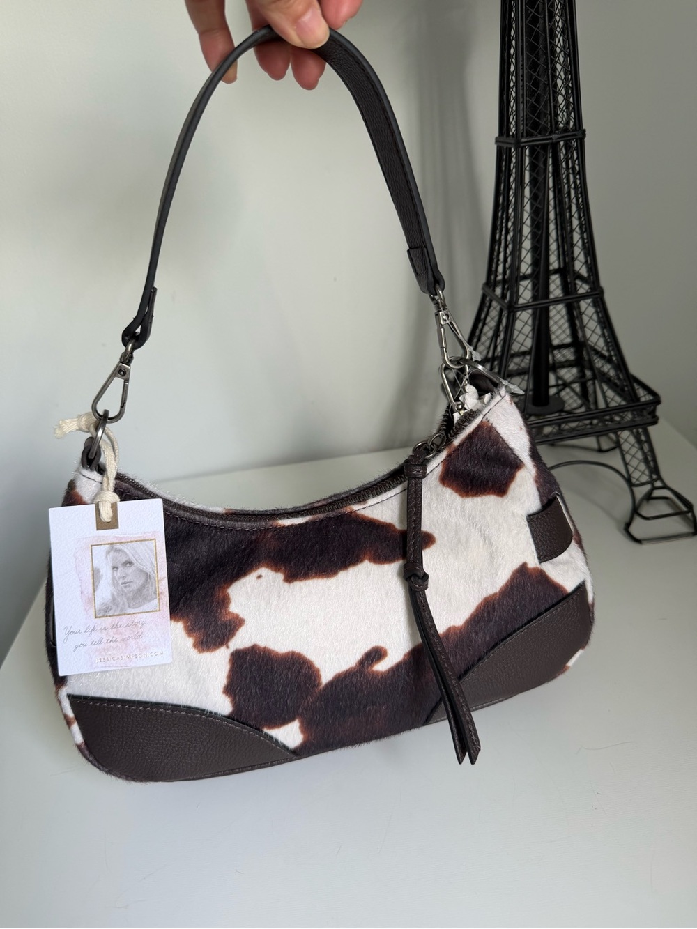 Women's Jessica Simpson Cowhide-Pattern Shoulder Bag in Brown and White